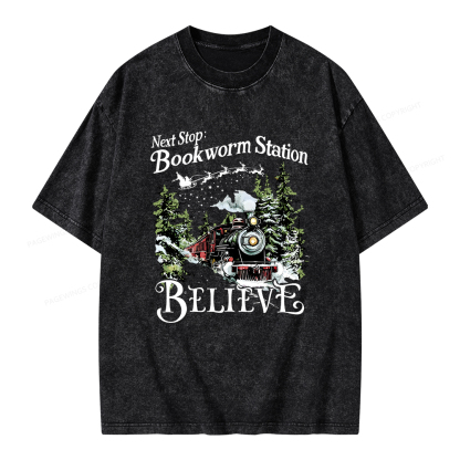 Pagewings Next Stop Bookworm Station Believe Unisex Washed T-shirt