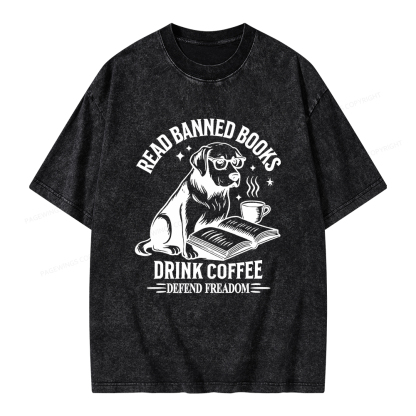 Pagewings Read Books Drink Coffee Defend Freadom Unisex Washed T-shirt