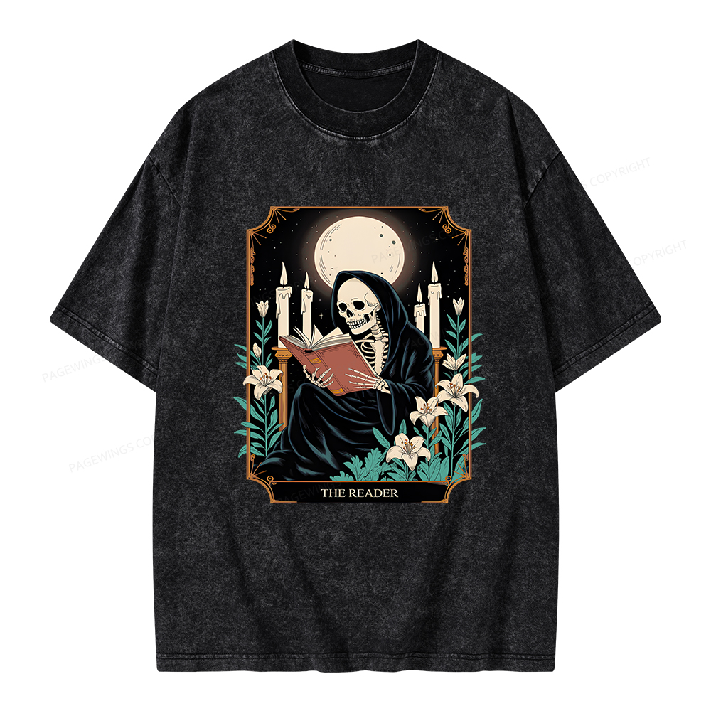 Pagewings The Reader Skeleton Tarot Card Unisex Washed T-shirt