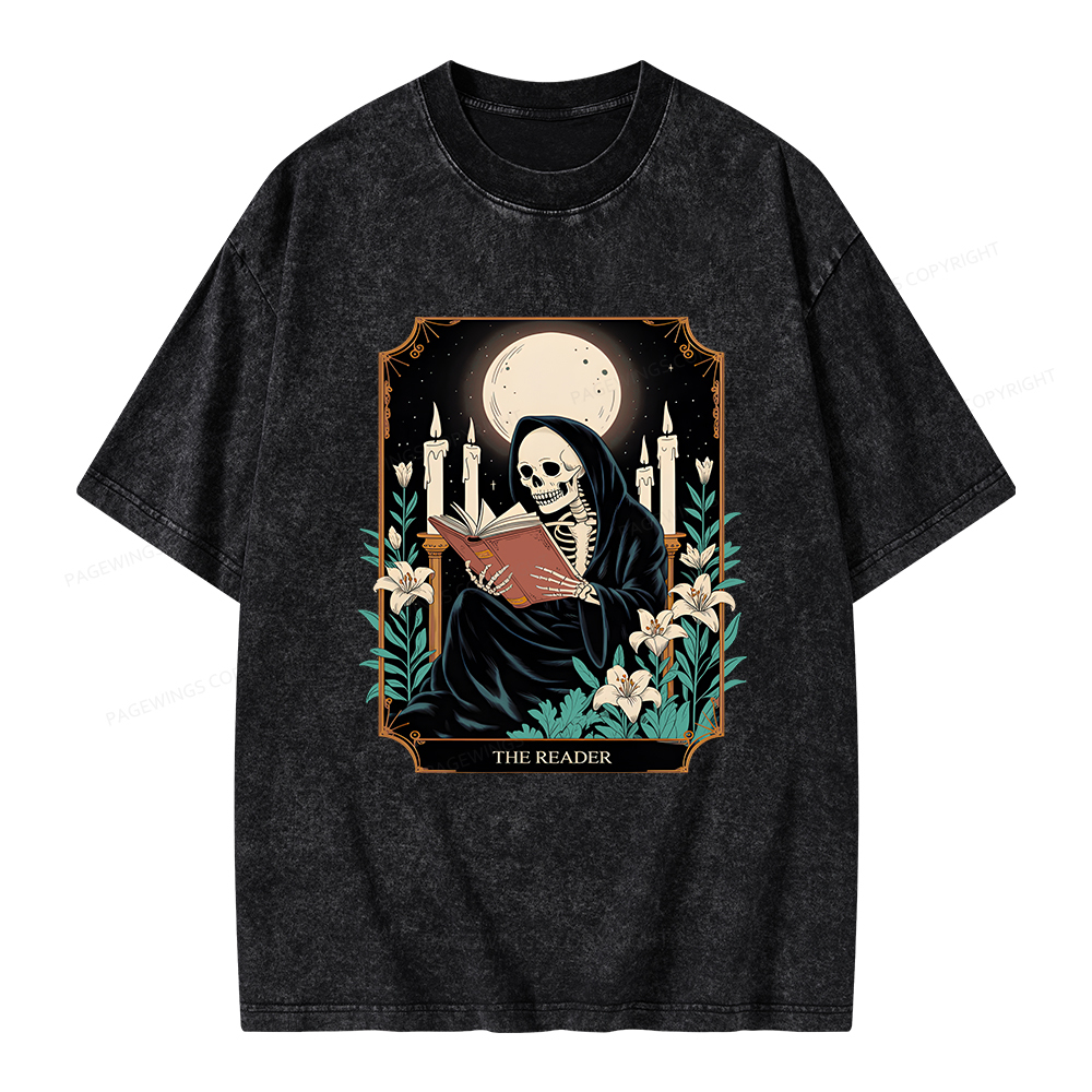 Pagewings The Reader Skeleton Tarot Card Unisex Washed T-shirt