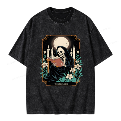 Pagewings The Reader Skeleton Tarot Card Unisex Washed T-shirt