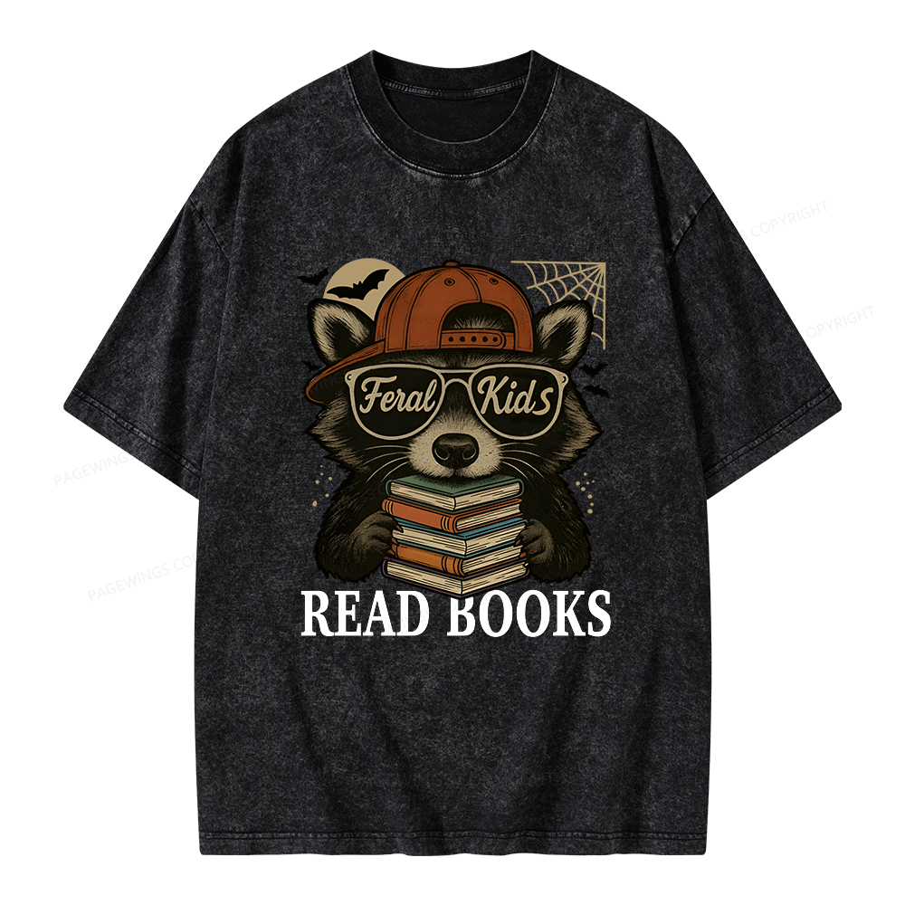 Pagewings Feral Kid Read Books Unisex Washed T-shirt