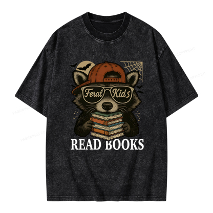 Pagewings Feral Kid Read Books Unisex Washed T-shirt