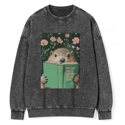 Pagewings Groundhog Reading Motivational Book Unisex Washed Sweatshirt