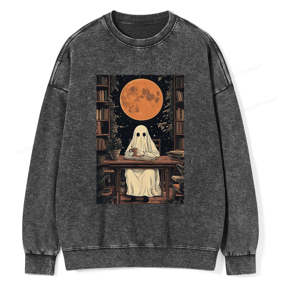 Pagewings Halloween Ghost Books Coffee Unisex Washed Sweatshirt