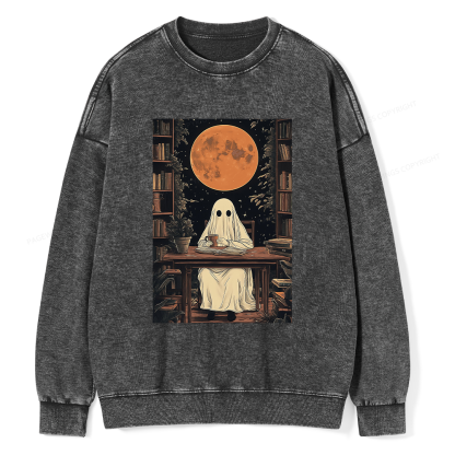 Pagewings Halloween Ghost Books Coffee Unisex Washed Sweatshirt