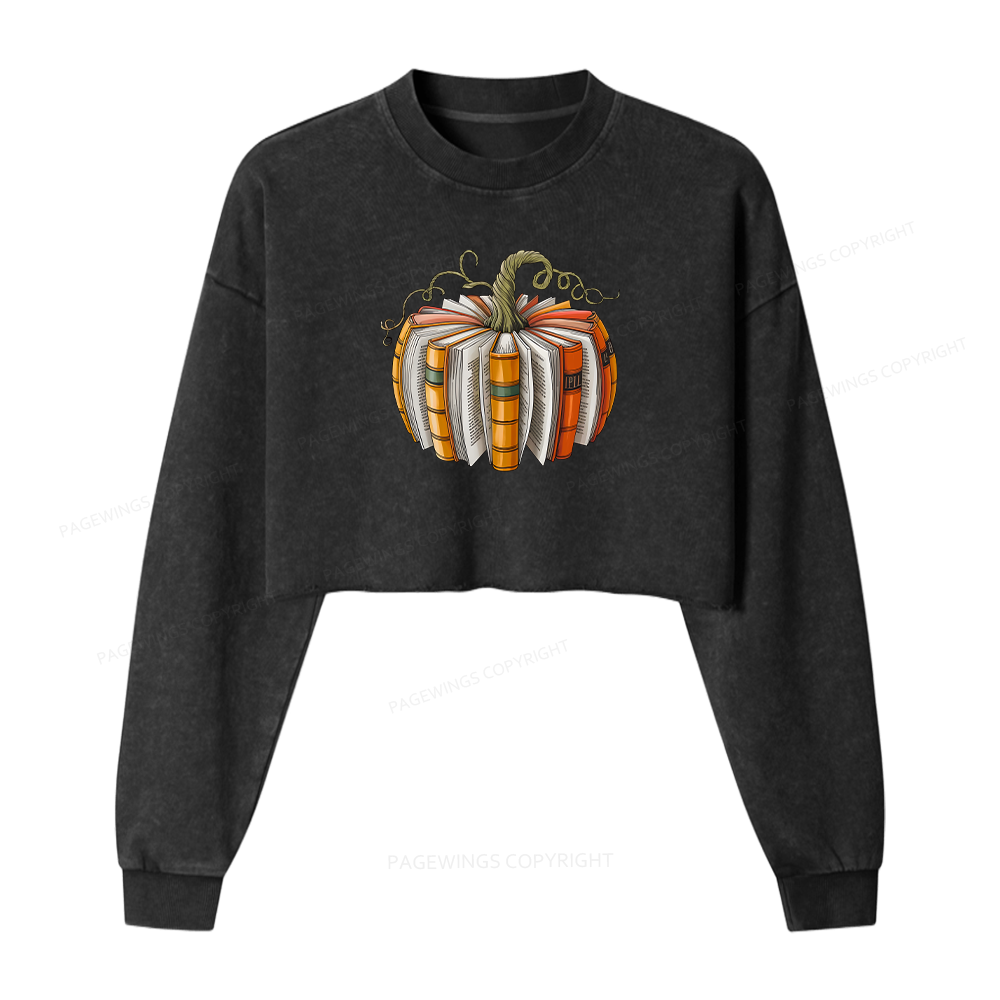 Pagewings Fall Book Pumpkin Women Washed Crop Sweatshirt