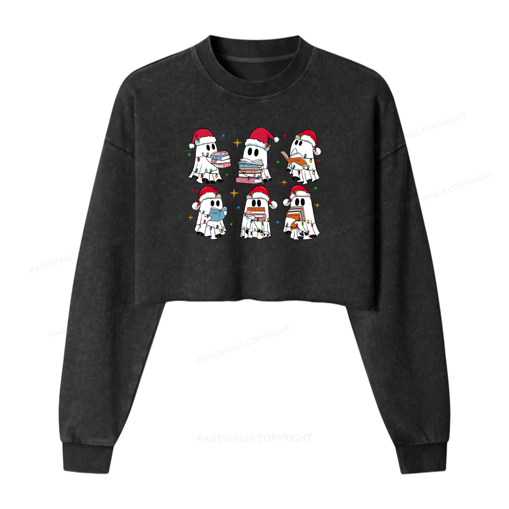 Pagewings Christmas Book Ghost Women Washed Crop Sweatshirt