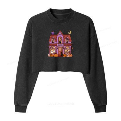 Pagewings Haunted Bookstore Women Washed Crop Sweatshirt