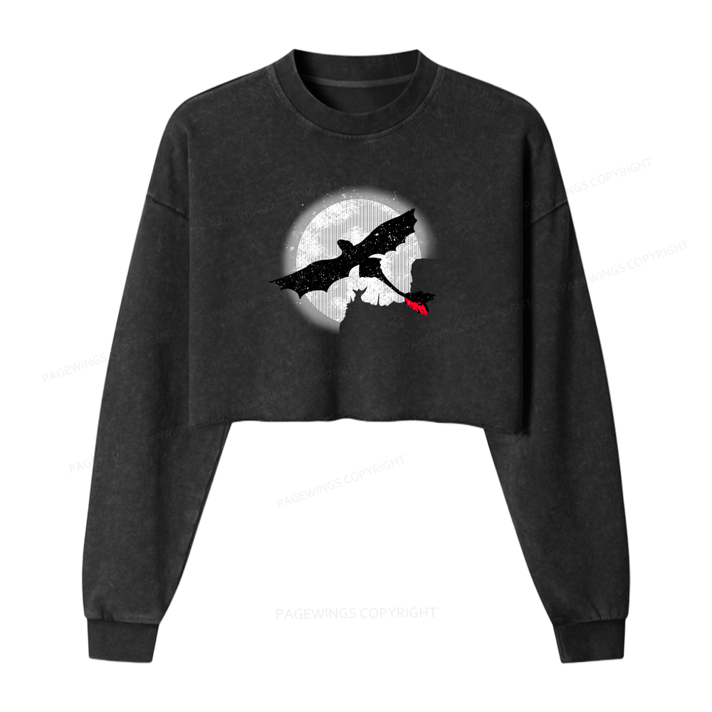 Pagewings Moonlight Dragon Rider Women Washed Crop Sweatshirt
