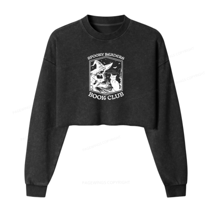 Pagewings Spooky Readers Book Club Women Washed Crop Sweatshirt