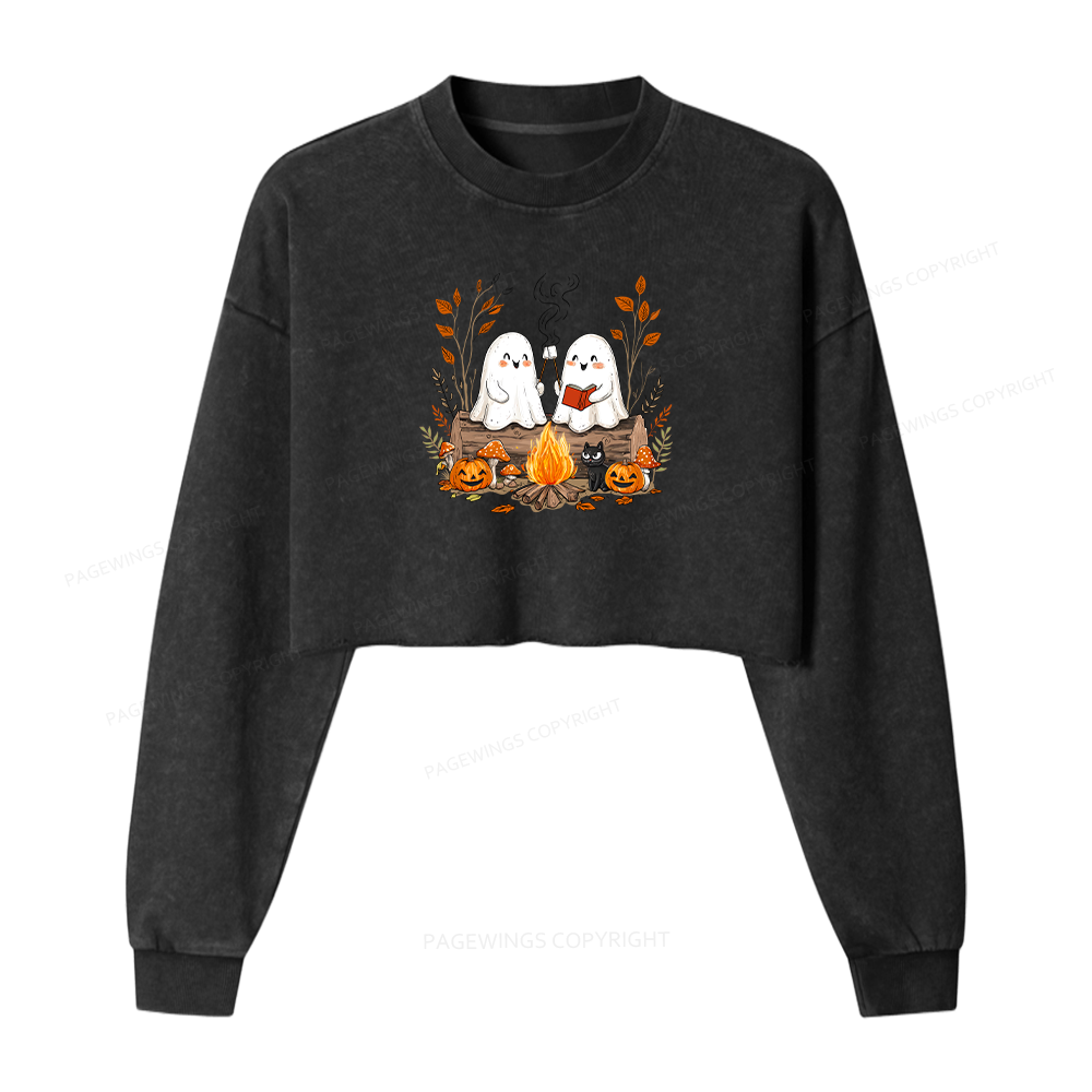 Pagewings Cute Ghost Halloween Women Washed Crop Sweatshirt