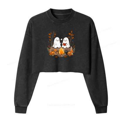 Pagewings Cute Ghost Halloween Women Washed Crop Sweatshirt