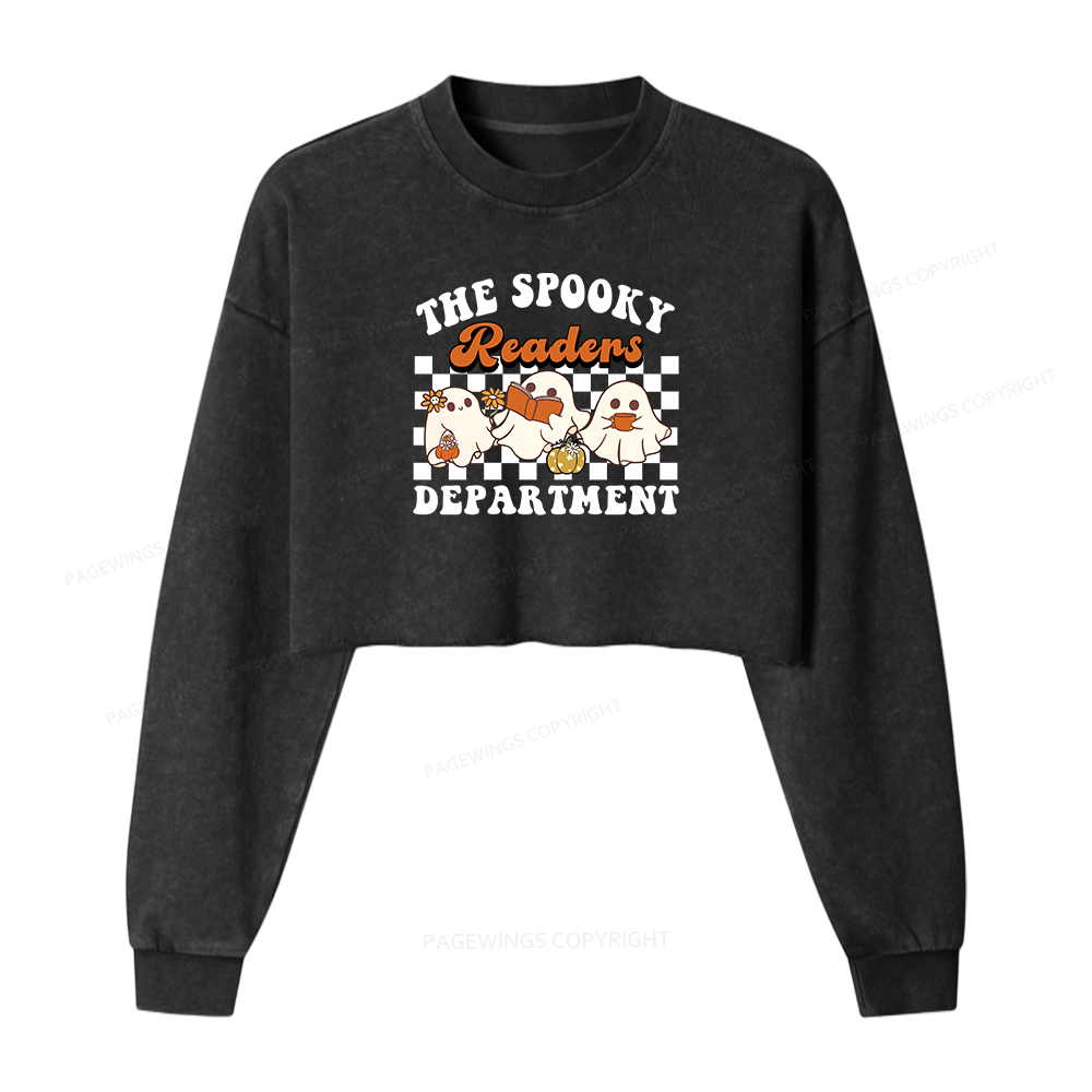 Pagewings Spooky Reader Halloween Women Washed Crop Sweatshirt