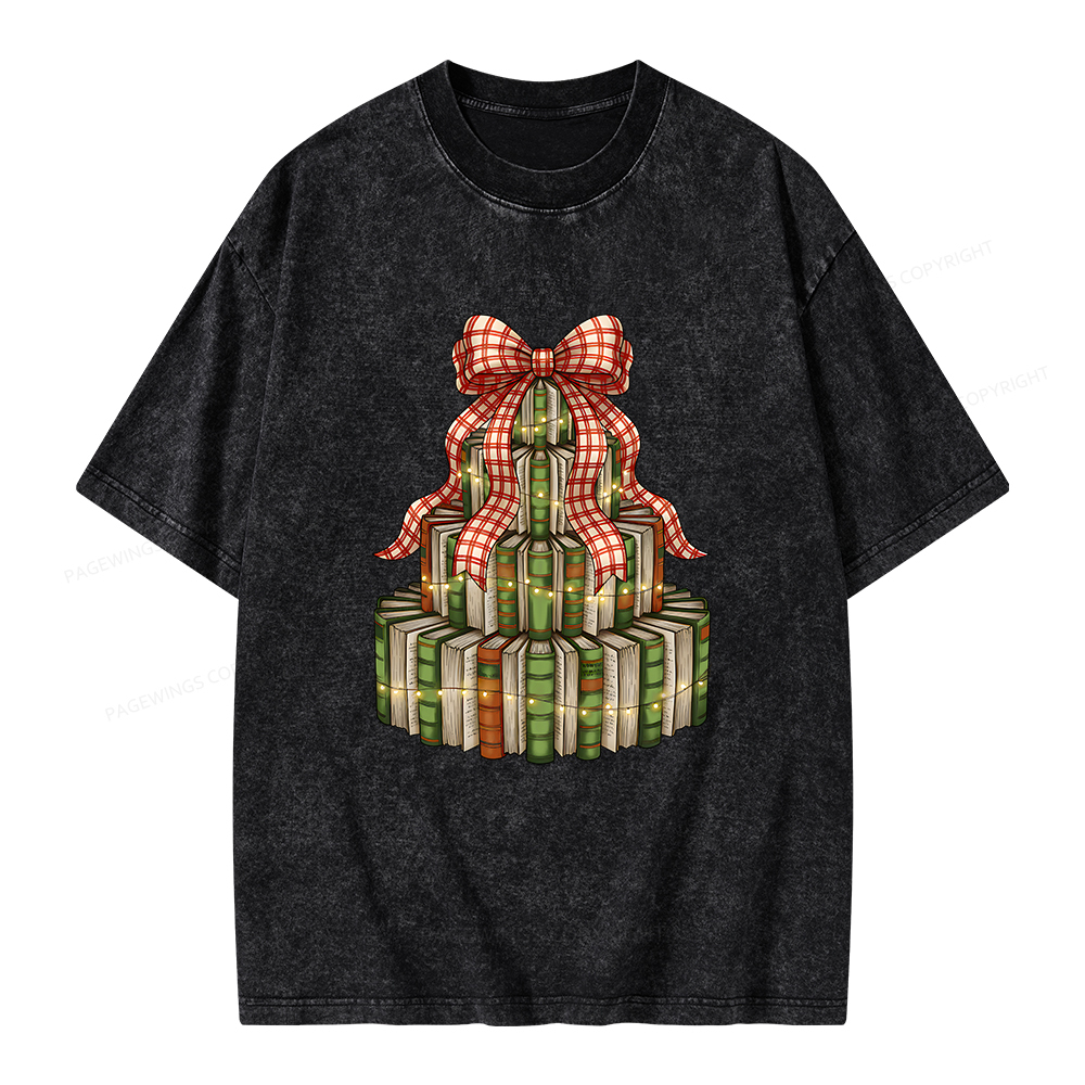 Pagewings Christmas Book Tree Unisex Washed T-shirt