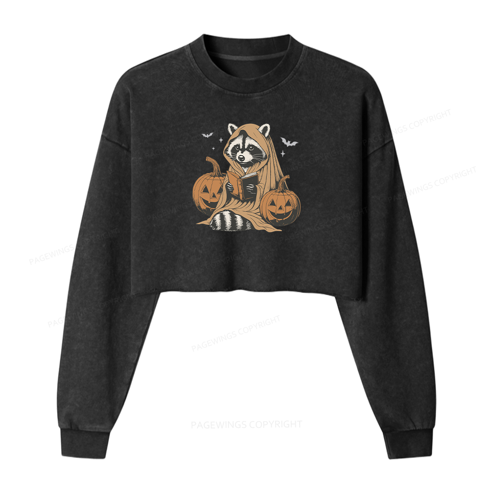 Pagewings Halloween Cute Raccoon Ghost Reading Women Washed Crop Sweatshirt