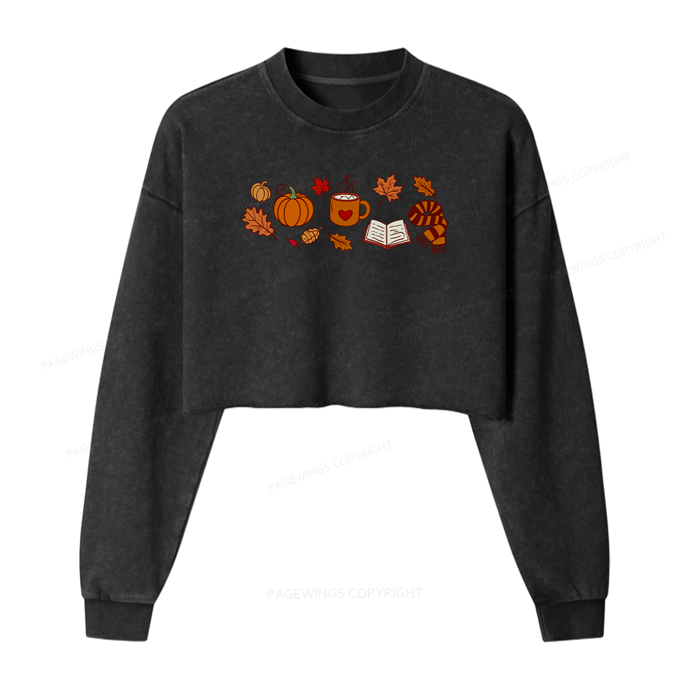 Pagewings Cozy Autumn With Books Women Washed Crop Sweatshirt
