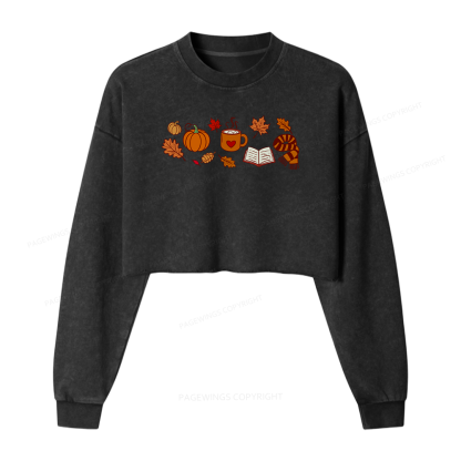 Pagewings Cozy Autumn With Books Women Washed Crop Sweatshirt