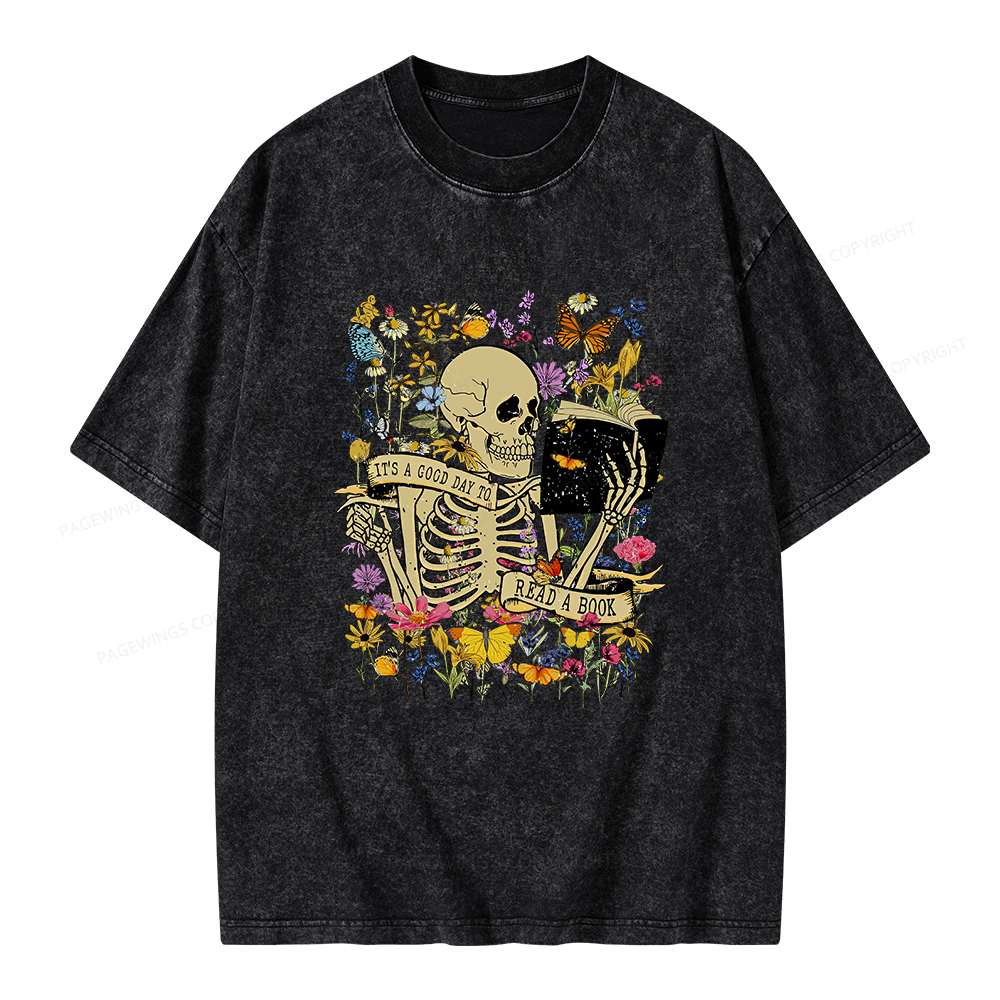 Pagewings Skull Skeleton Reading Book Unisex Washed T-shirt