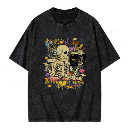 Pagewings Skull Skeleton Reading Book Unisex Washed T-shirt