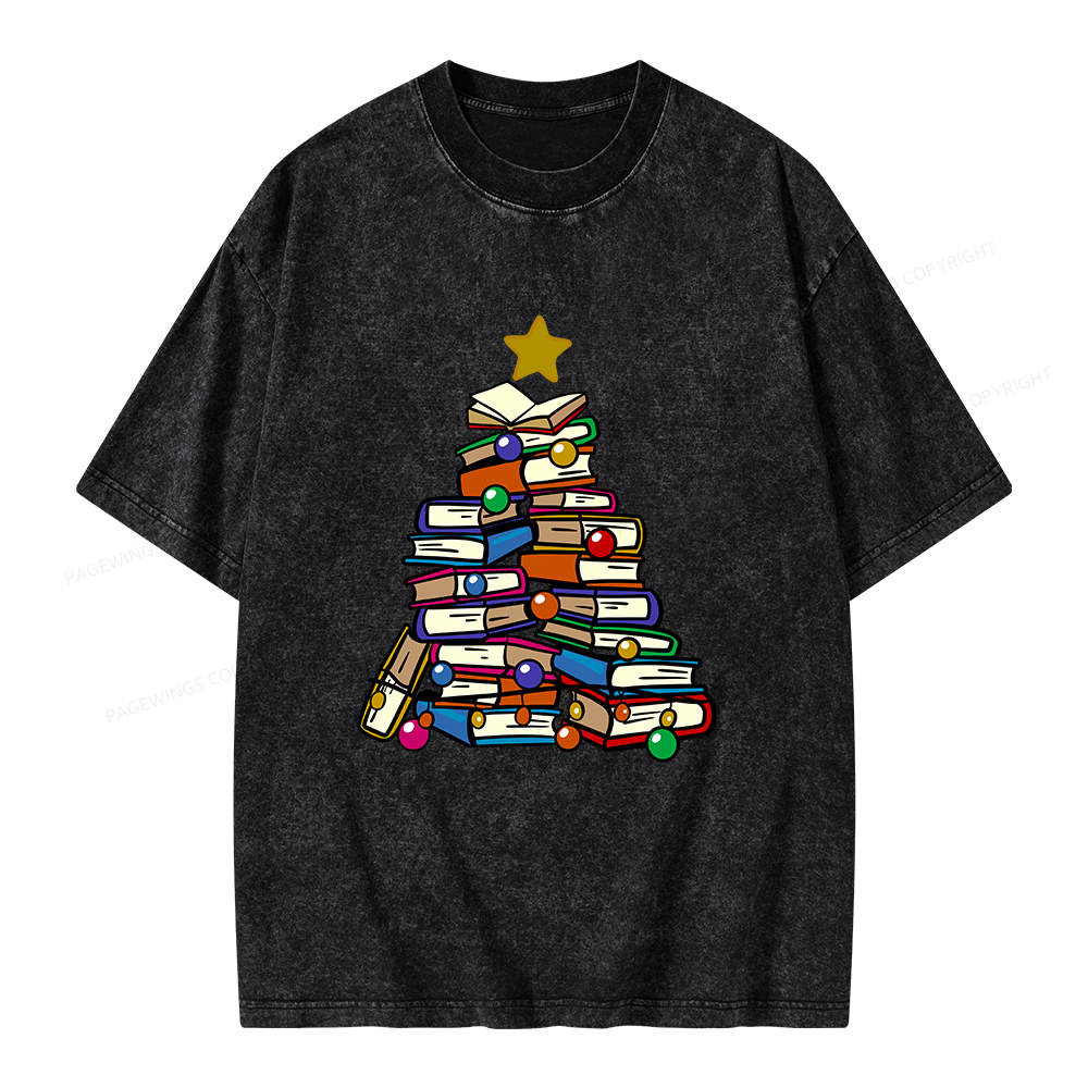 Pagewings Christmas Tree Bookworm Unisex Washed T-shirt