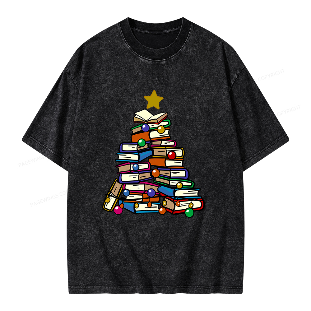 Pagewings Christmas Tree Bookworm Unisex Washed T-shirt
