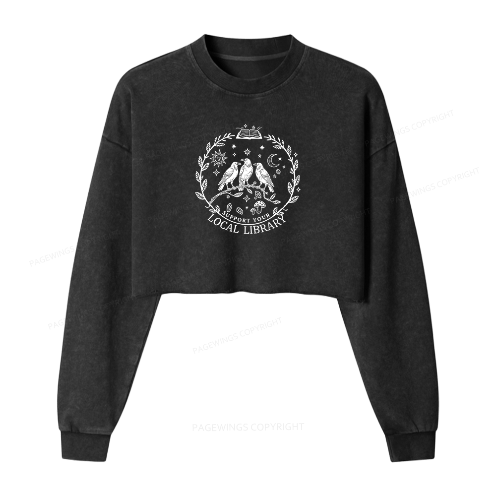 Pagewings Support Your Local Library Women Washed Crop Sweatshirt