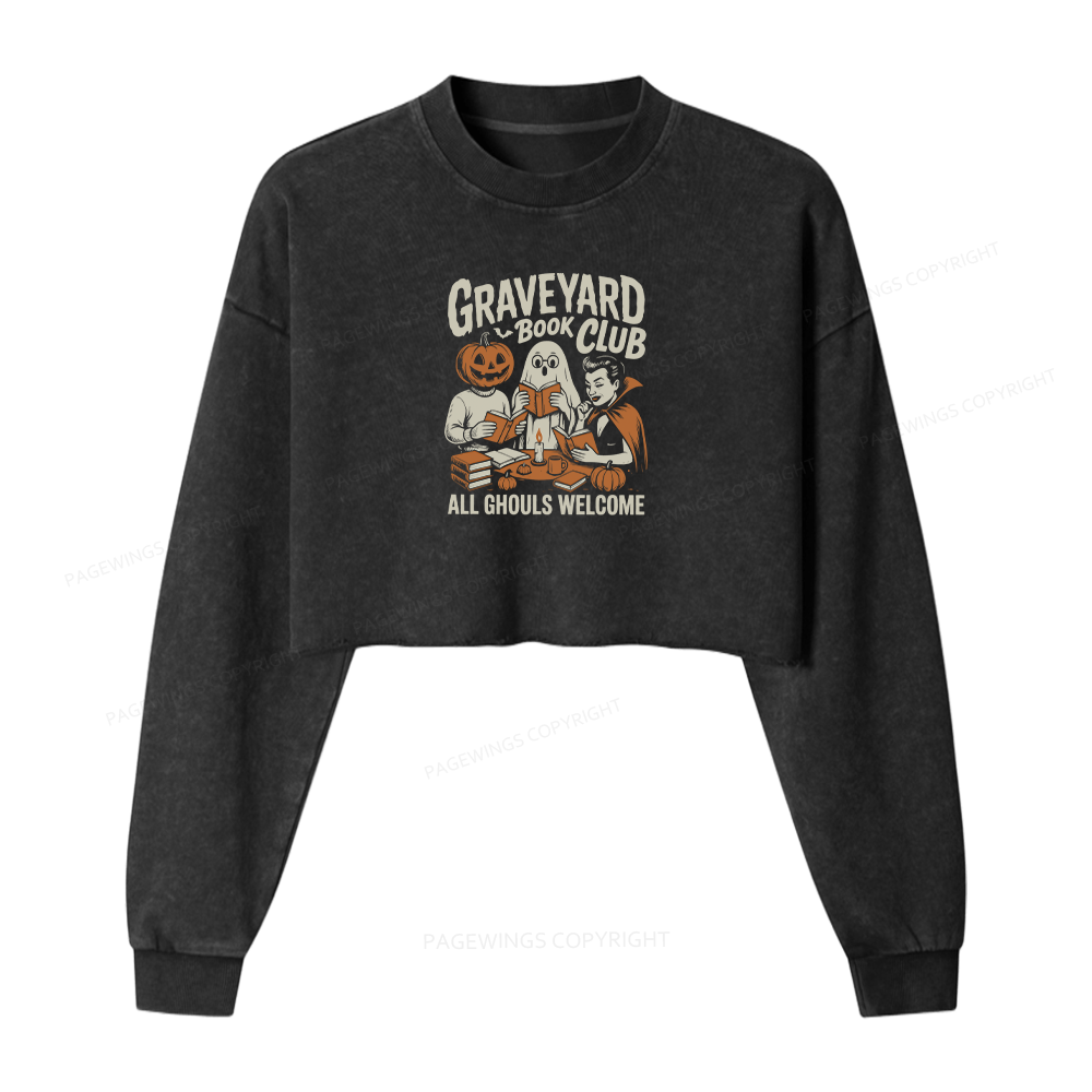 Pagewings Graveyard Book Club Women Washed Crop Sweatshirt