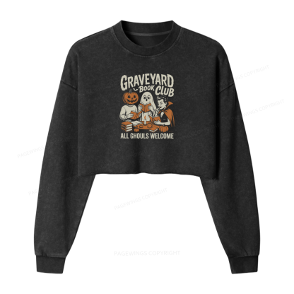 Pagewings Graveyard Book Club Women Washed Crop Sweatshirt