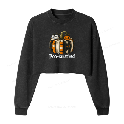 Pagewings Bookmarked Women Washed Crop Sweatshirt