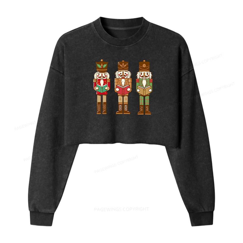 Pagewings Christmas Nutcracker Reading Books Women Washed Crop Sweatshirt