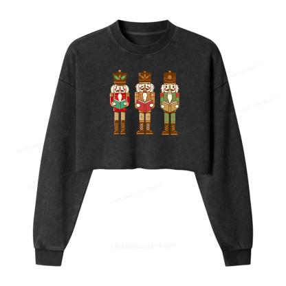 Pagewings Christmas Nutcracker Reading Books Women Washed Crop Sweatshirt