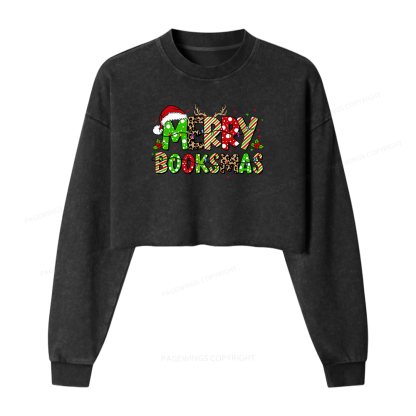 Pagewings Merry Booksmas Women Washed Crop Sweatshirt