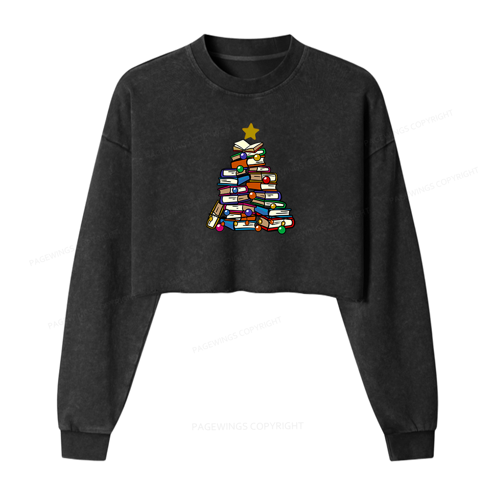 Pagewings Christmas Tree Bookworm Women Washed Crop Sweatshirt