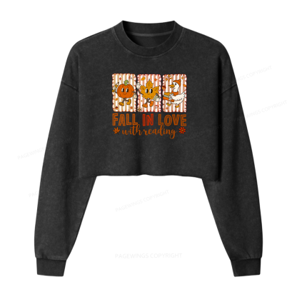Pagewings Fall In Love With Reading Women Washed Crop Sweatshirt