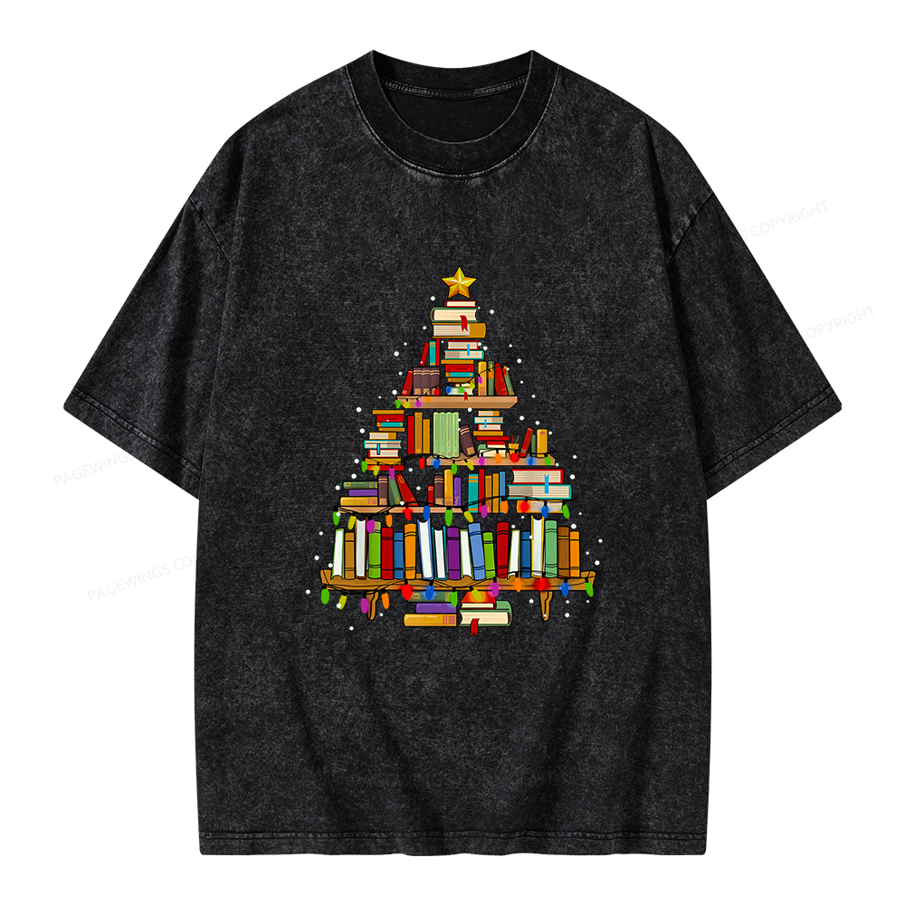 Pagewings Christmas Books Tree Unisex Washed T-shirt