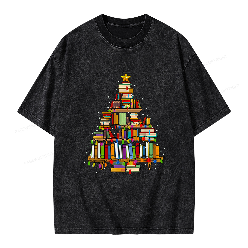 Pagewings Christmas Books Tree Unisex Washed T-shirt