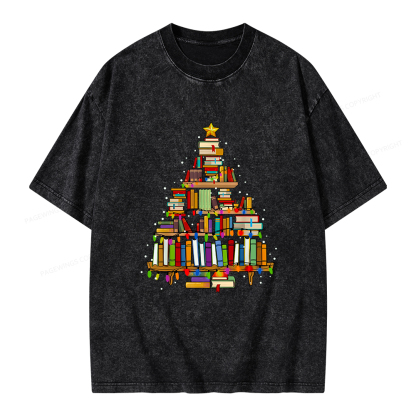 Pagewings Christmas Books Tree Unisex Washed T-shirt
