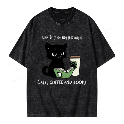 Pagewings Life Is Just Better With Cats Coffee And Books Unisex Washed T-shirt