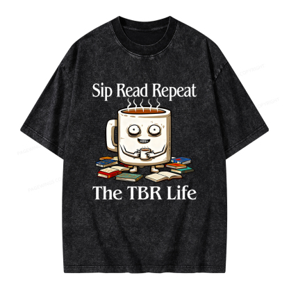 Pagewings Sip Read Repeat The TBR Life Unisex Washed T-shirt