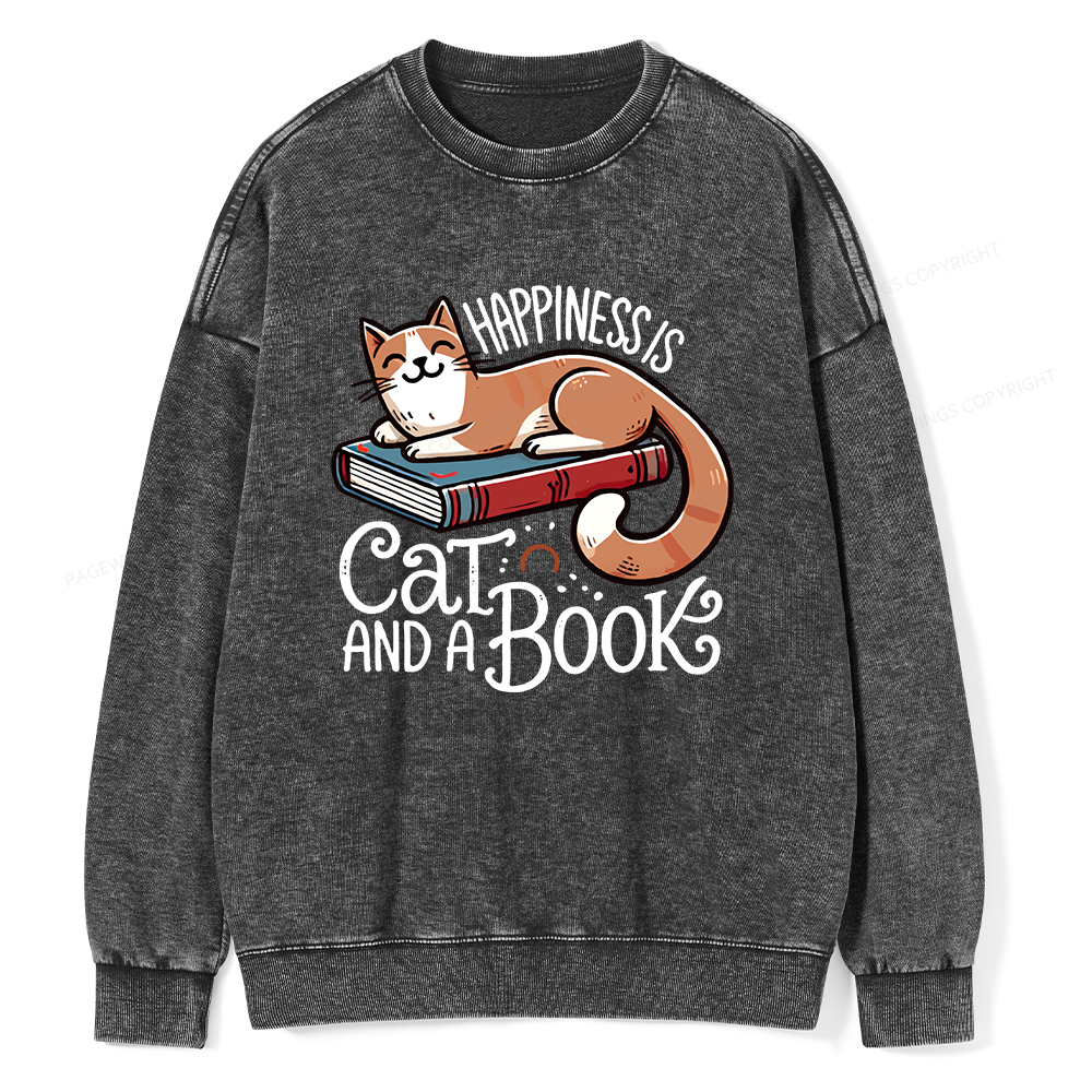 Pagewings Happiness Is A Cat And A Book Unisex Washed Sweatshirt