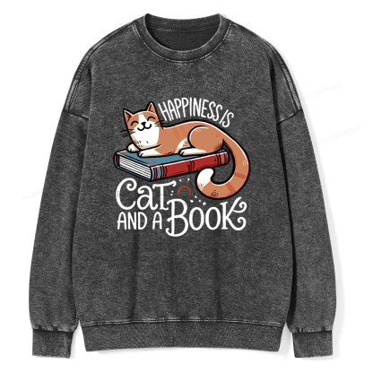 Pagewings Happiness Is A Cat And A Book Unisex Washed Sweatshirt