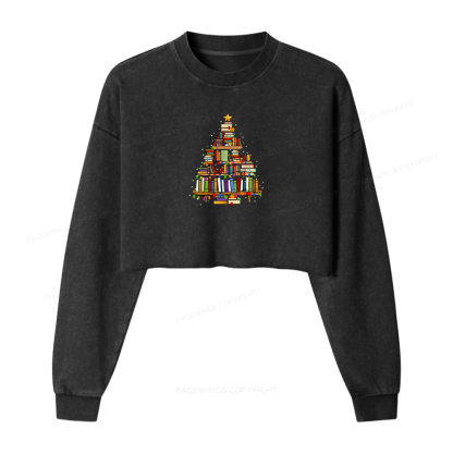 Pagewings Christmas Books Tree Women Washed Crop Sweatshirt