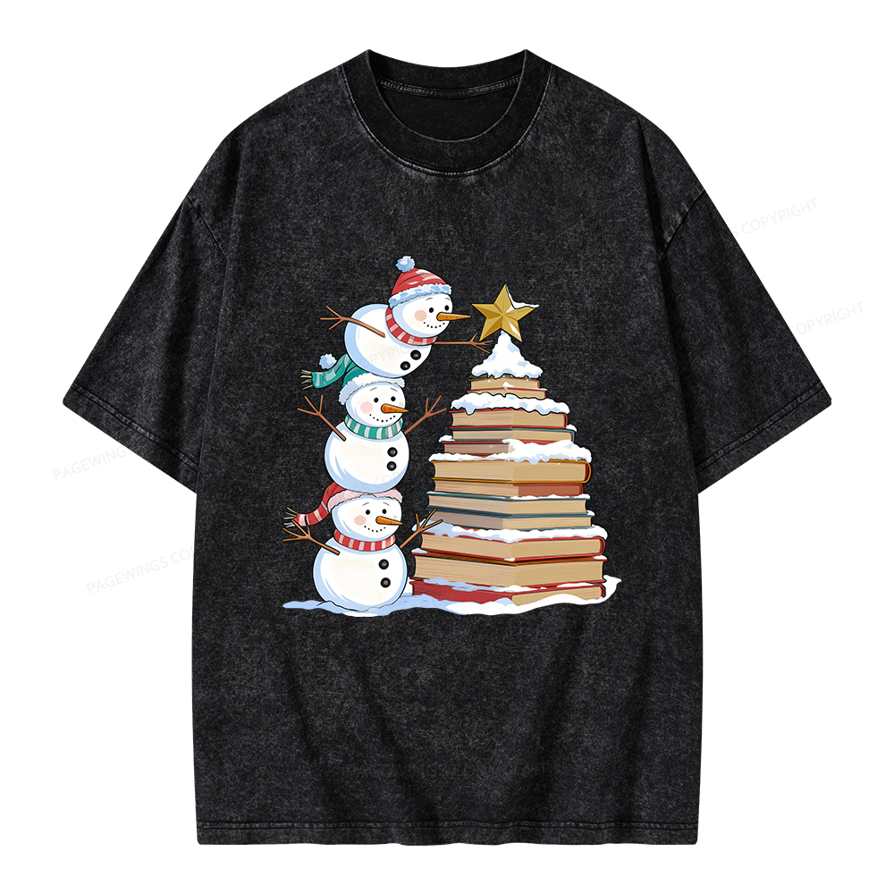 Pagewings Christmas Snowman Books Tree Unisex Washed T-shirt