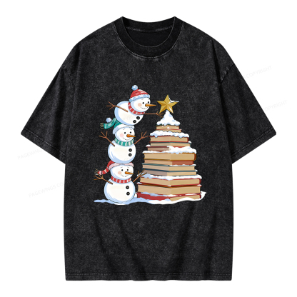 Pagewings Christmas Snowman Books Tree Unisex Washed T-shirt