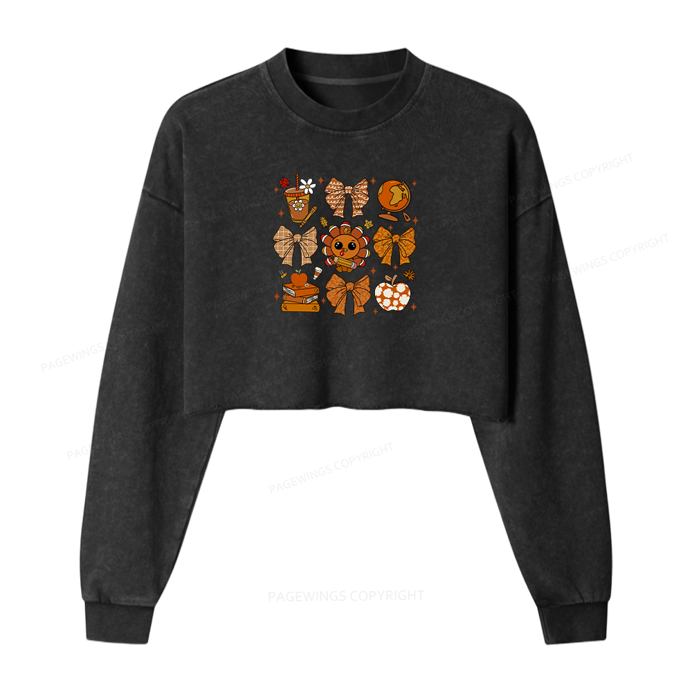 Pagewings Thanksgiving Fall Autumn Women Washed Crop Sweatshirt
