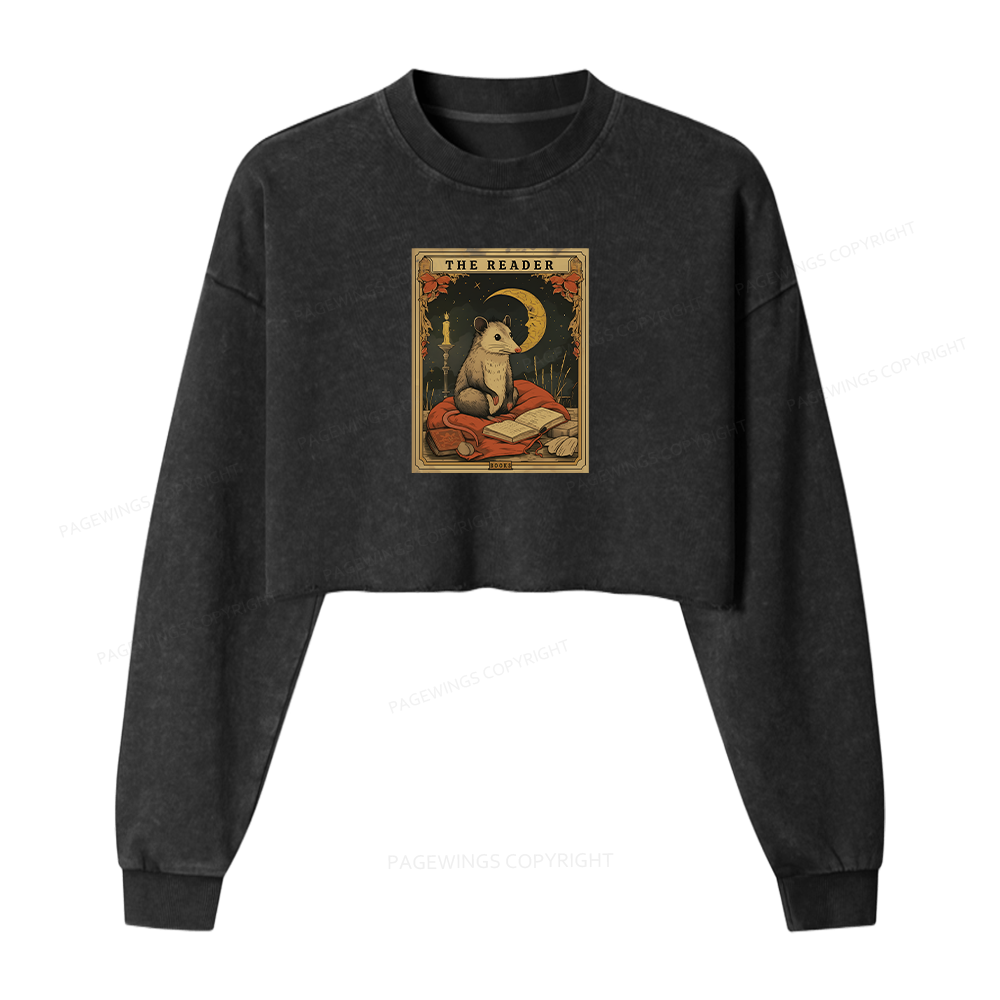 Pagewings The Reader Opossum Tarot Card Women Washed Crop Sweatshirt