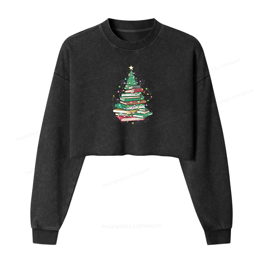 Pagewings Christmas Book Tree Women Washed Crop Sweatshirt