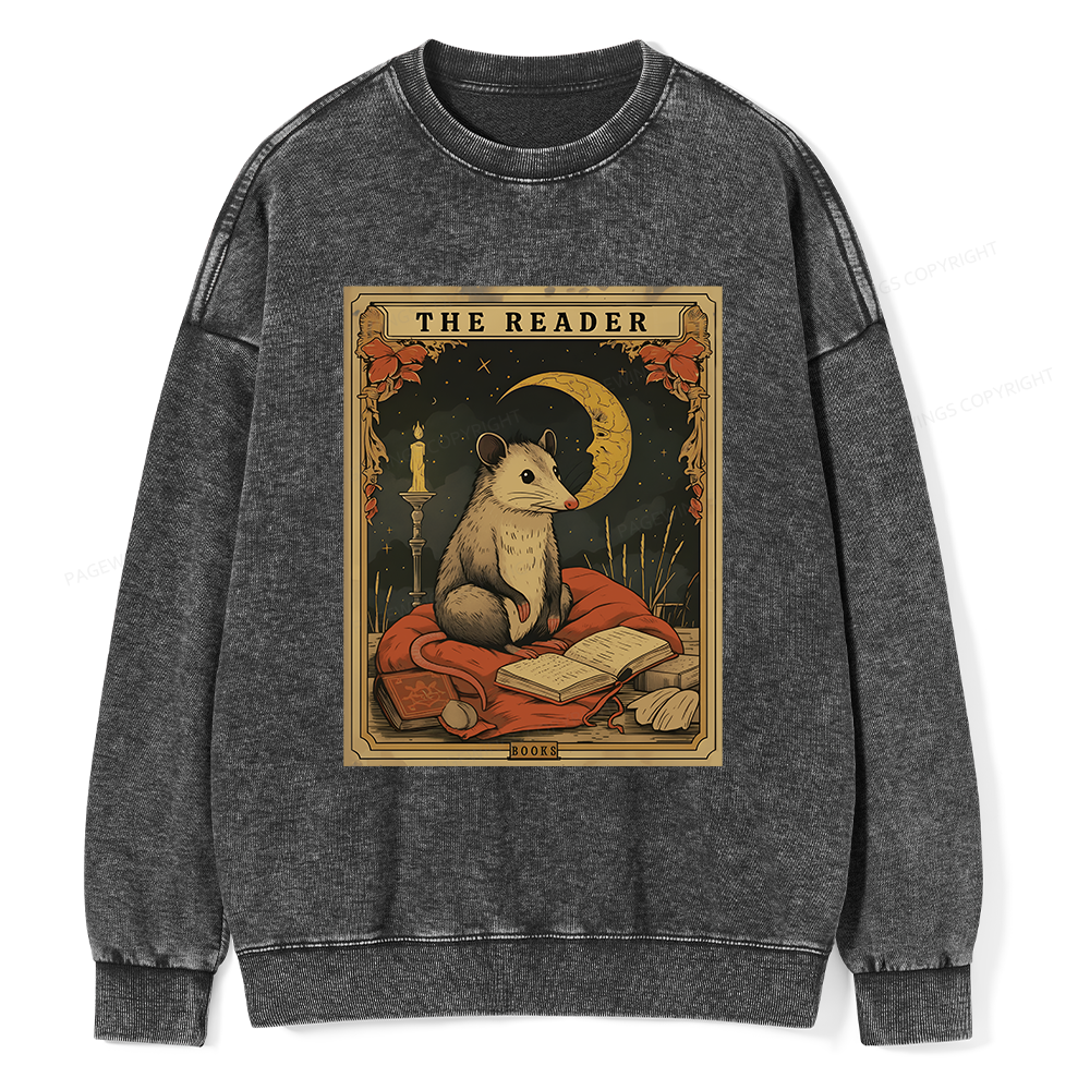 Pagewings The Reader Opossum Tarot Card Unisex Washed Sweatshirt
