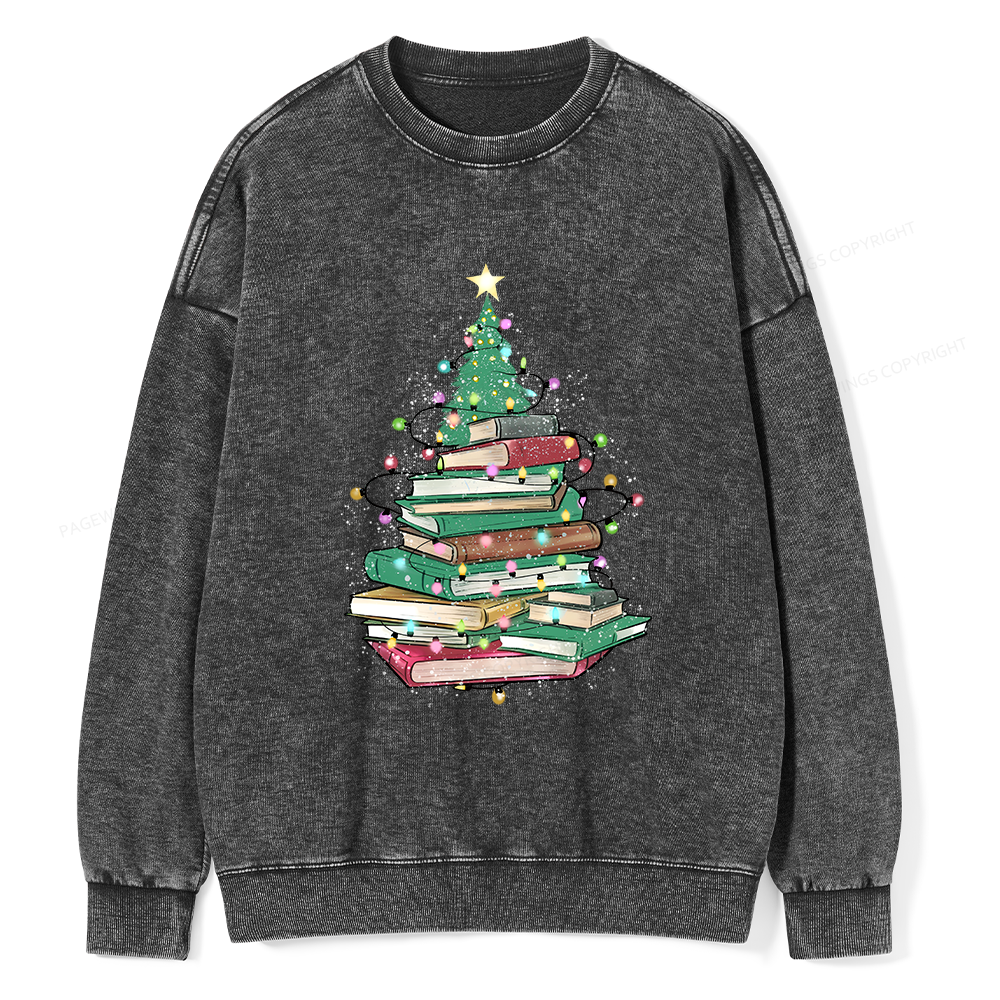 Pagewings Christmas Book Tree Unisex Washed Sweatshirt